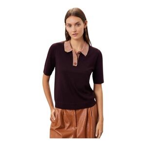 Tory Burch Crochet Knit Polo Top in Burgundy Merino Wool Size Small
